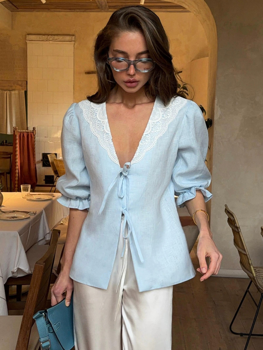 ZARA Collar Lace Trim Puff Sleeve Tie Blouse Spring Summer Women Cotton Office